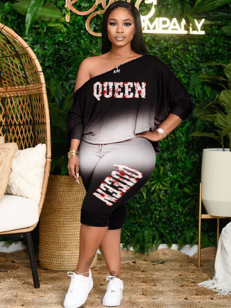Plus Size Queen Pink Gradient Letter Print Pants Set.