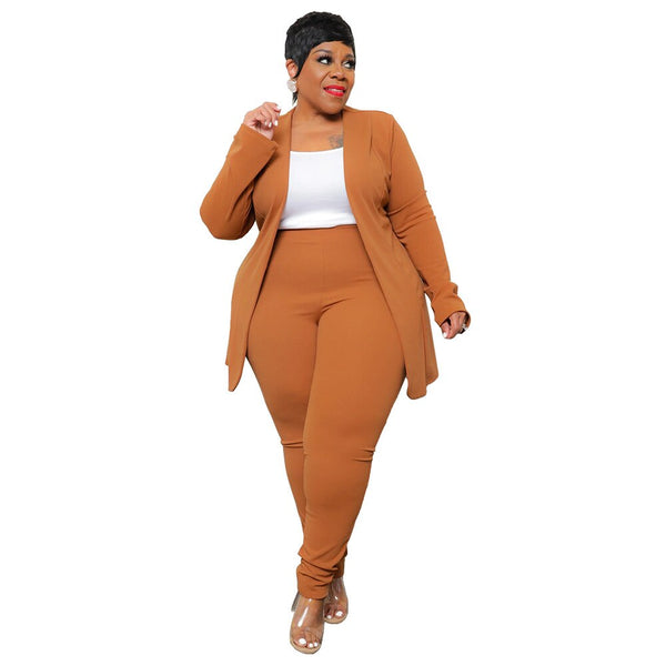 Casual Plus Size  Lapel Cardigan Long Pants Two Piece Sets.