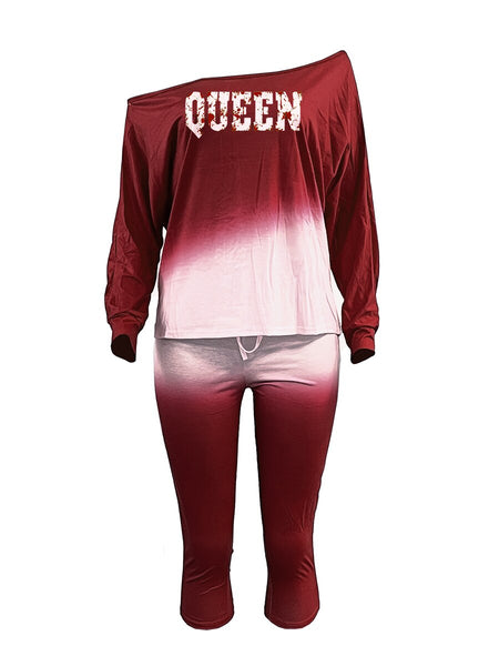 Plus Size Queen Pink Gradient Letter Print Pants Set.