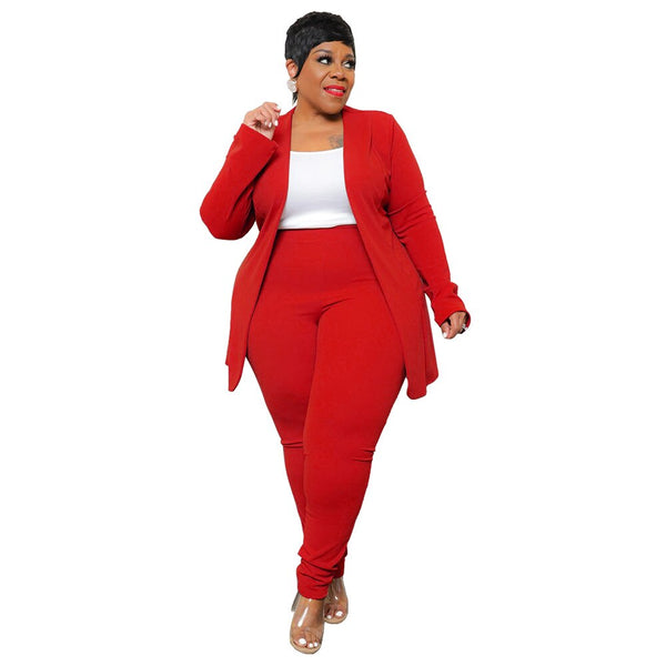 Casual Plus Size  Lapel Cardigan Long Pants Two Piece Sets.