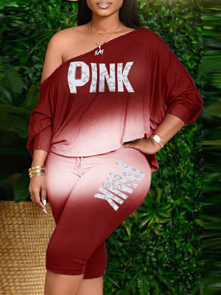 Plus Size Queen Pink Gradient Letter Print Pants Set.