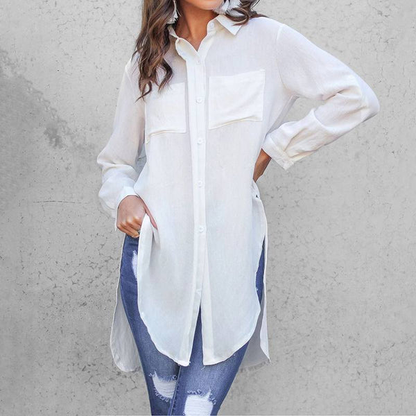 WhiteLapel Asymmetrical Split Long Tunic Tops Casual Oversize Blouses