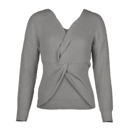 Sexy Knot Criss-cross V Neck Long Sleeve Loose Knitted Sweater