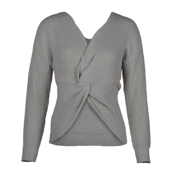 Sexy Knot Criss-cross V Neck Long Sleeve Loose Knitted Sweater