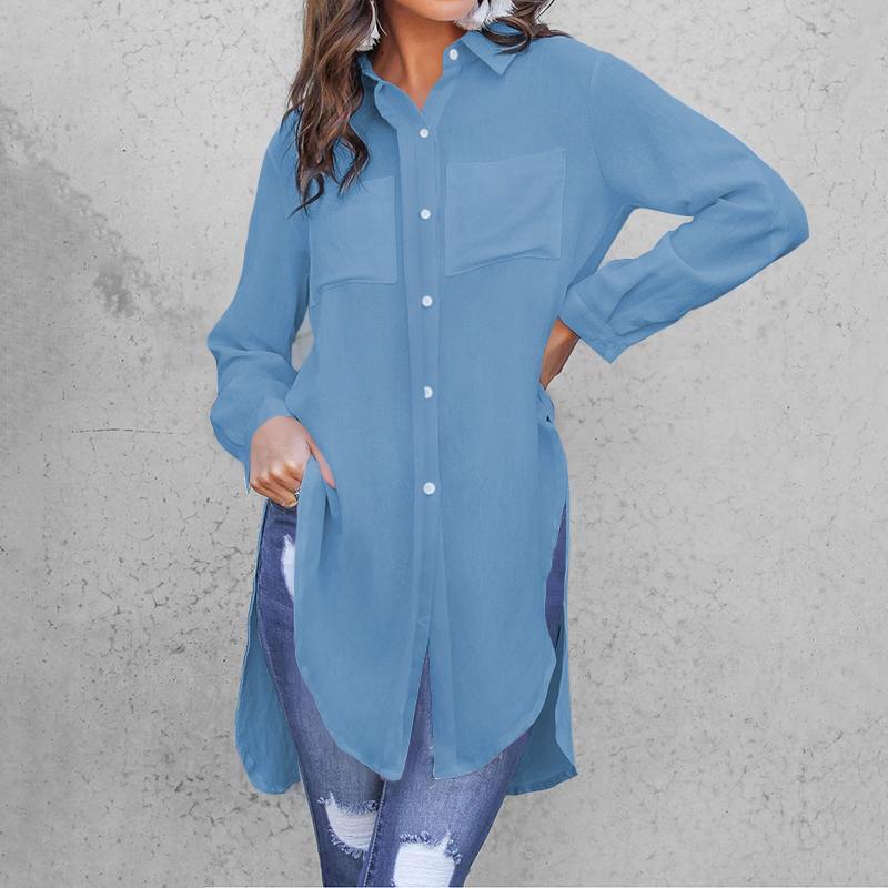 WhiteLapel Asymmetrical Split Long Tunic Tops Casual Oversize Blouses