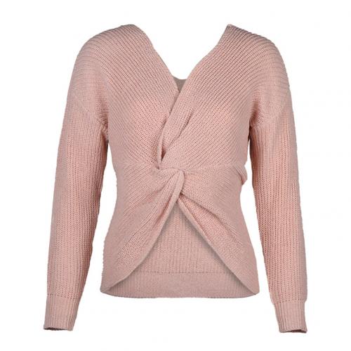 Sexy Knot Criss-cross V Neck Long Sleeve Loose Knitted Sweater