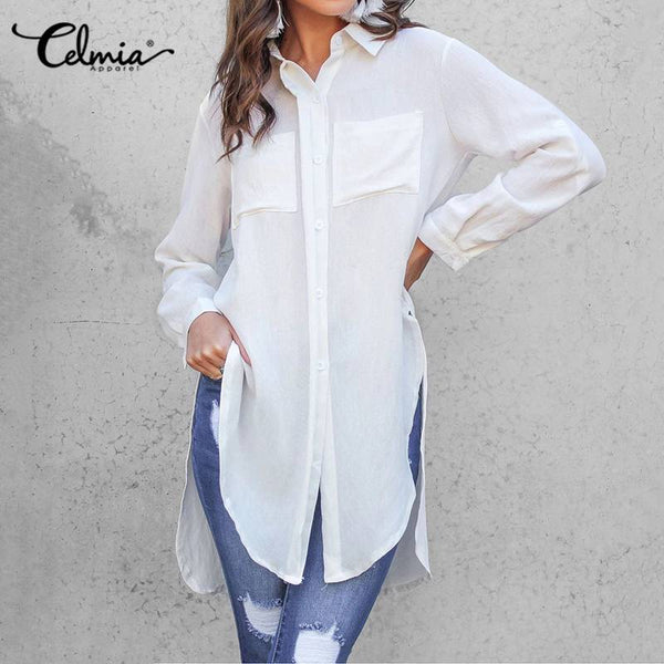WhiteLapel Asymmetrical Split Long Tunic Tops Casual Oversize Blouses