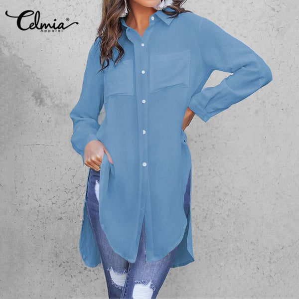 WhiteLapel Asymmetrical Split Long Tunic Tops Casual Oversize Blouses