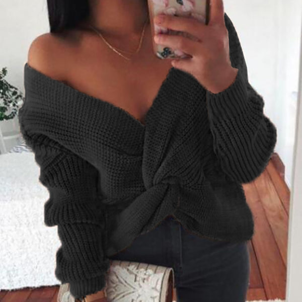 Sexy Knot Criss-cross V Neck Long Sleeve Loose Knitted Sweater