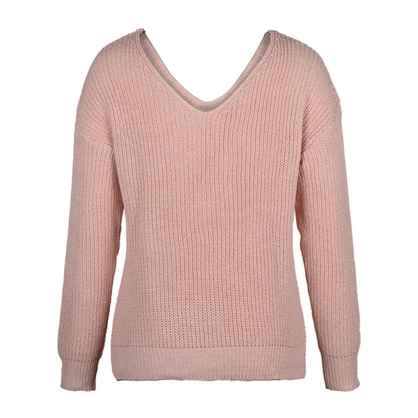 Sexy Knot Criss-cross V Neck Long Sleeve Loose Knitted Sweater