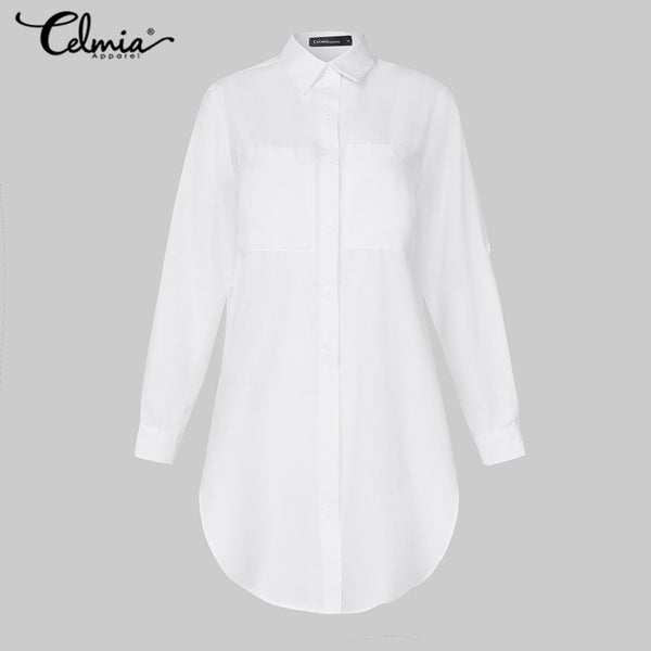 WhiteLapel Asymmetrical Split Long Tunic Tops Casual Oversize Blouses