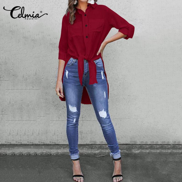 WhiteLapel Asymmetrical Split Long Tunic Tops Casual Oversize Blouses