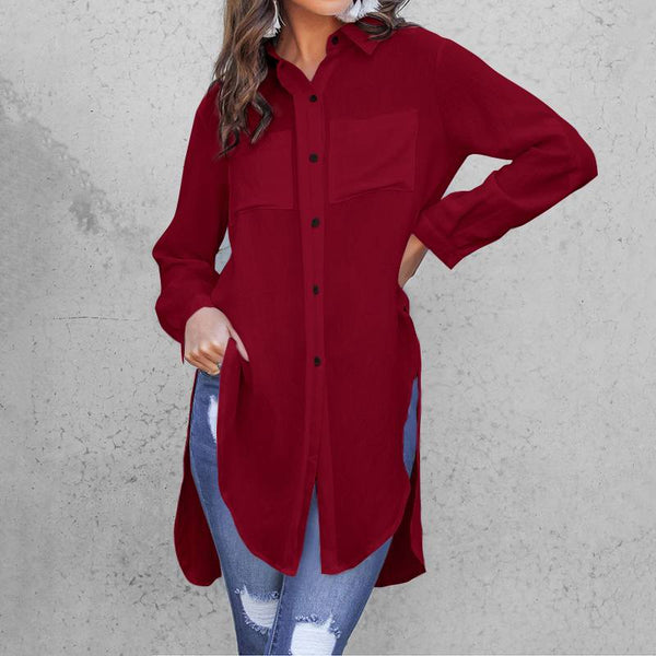 WhiteLapel Asymmetrical Split Long Tunic Tops Casual Oversize Blouses
