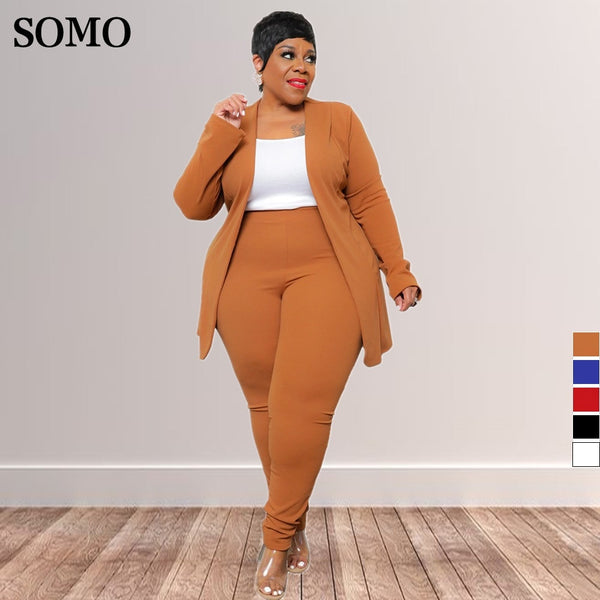 Casual Plus Size  Lapel Cardigan Long Pants Two Piece Sets.