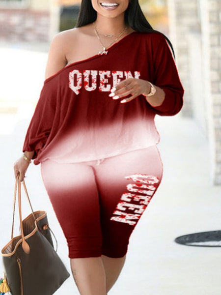 Plus Size Queen Pink Gradient Letter Print Pants Set.